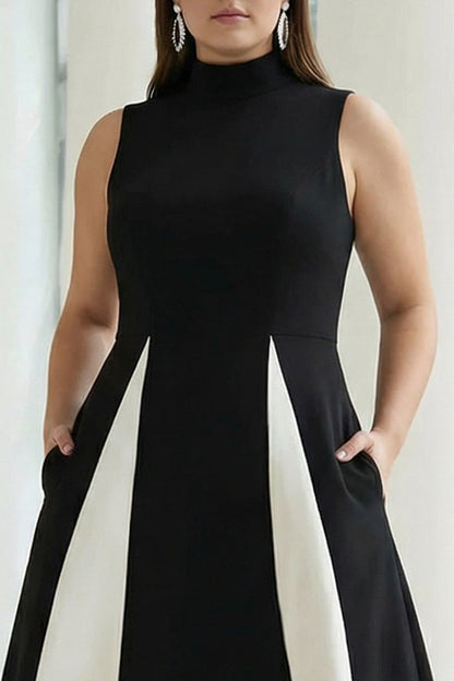Plus Size Black and White High Neck A Line Long Formal Dress
