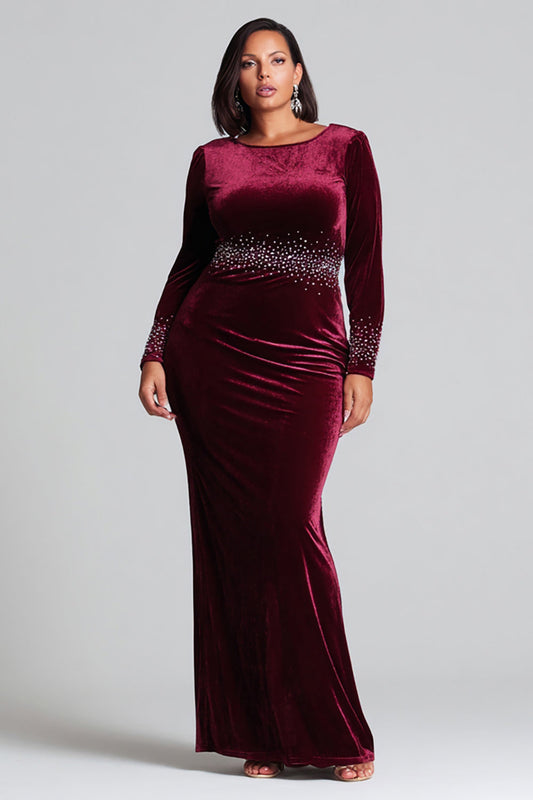 Plus Size Sparkly Burgundy Velvet Mermaid Long Holiday Party Dress with Sleeves