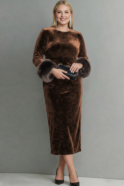 Plus Size Dark Blue Velvet Crew Neck Sheath Long Sleeves Formal Dress with Feather