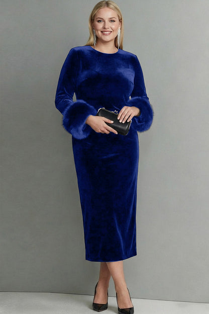 Plus Size Dark Blue Velvet Crew Neck Sheath Long Sleeves Formal Dress with Feather