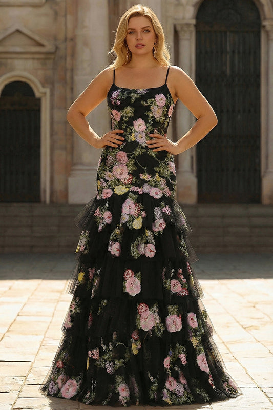 Plus Size Black and Pink Floral Mermaid Long Prom Dress with Ruffles