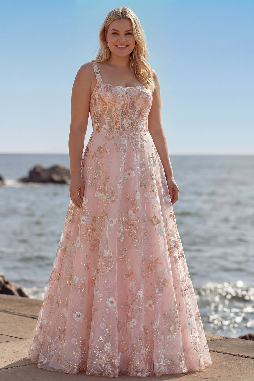 Sparkly Pink Plus Size Floral A Line Sequins Long Corset Prom Dress