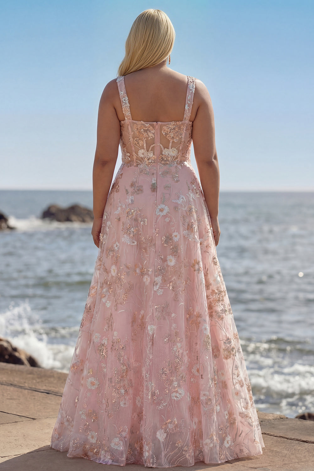 Sparkly Pink Plus Size Floral A Line Sequins Long Corset Prom Dress