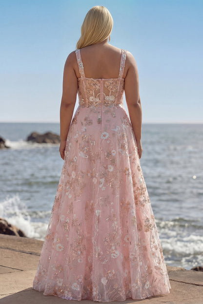 Sparkly Pink Plus Size Floral A Line Sequins Long Corset Prom Dress