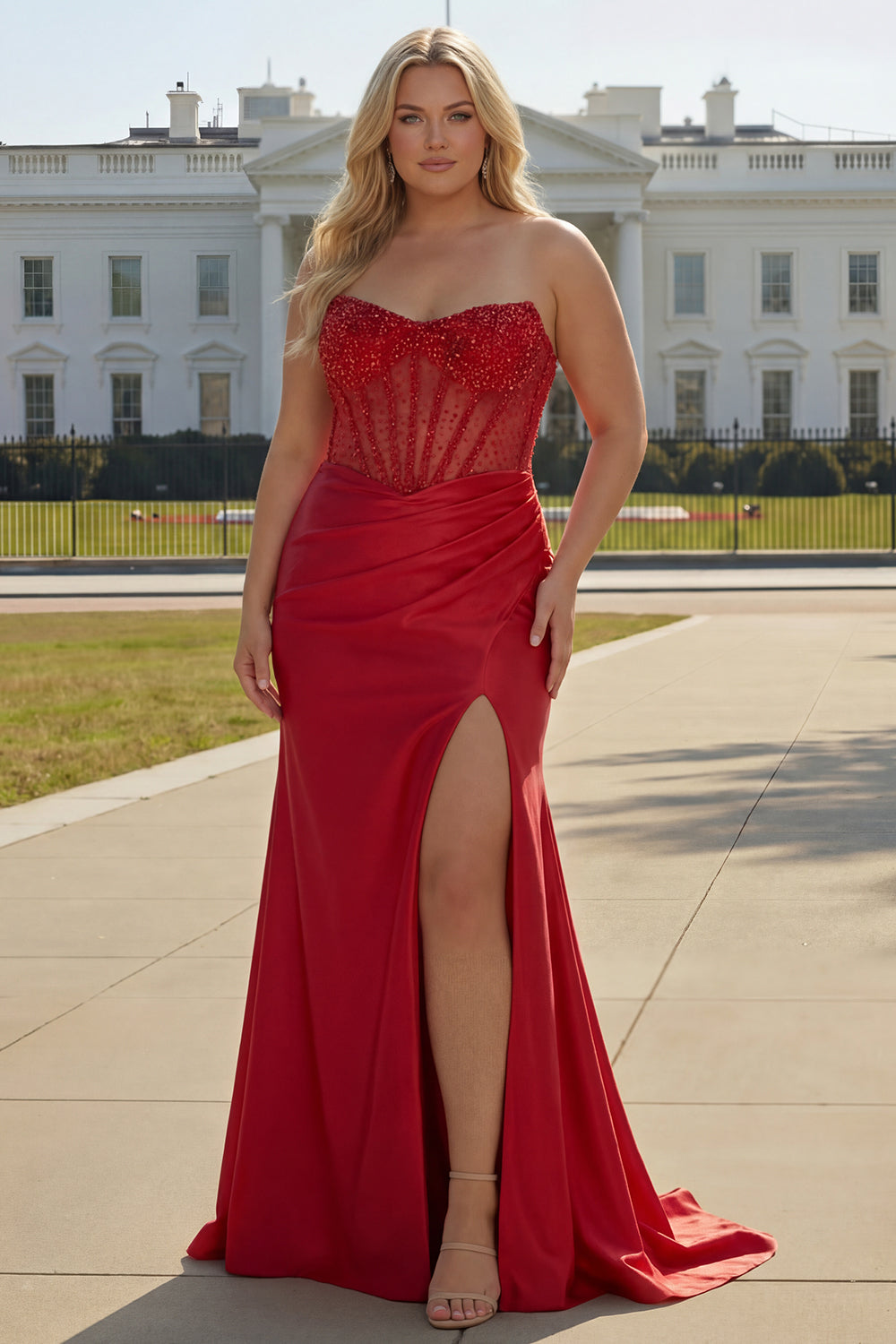 Sparkly Plus Size Red Satin Mermaid Beaded Long Corset Prom Dress with Slit
