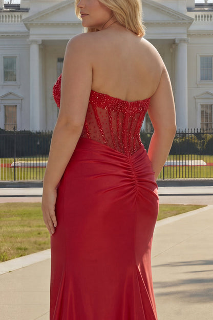 Sparkly Plus Size Red Satin Mermaid Beaded Long Corset Prom Dress with Slit