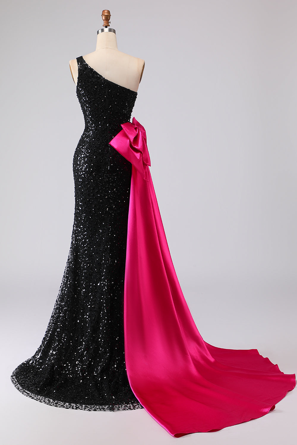 Sparkly Black Sequin One Shoulder Mermaid Long Prom Dress with Side Cape