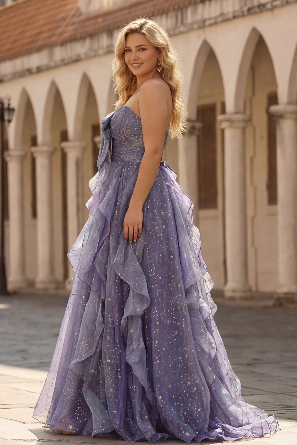 Plus Size Glitter Dusty Blue A Line Ruffled Long Prom Dress with Bow
