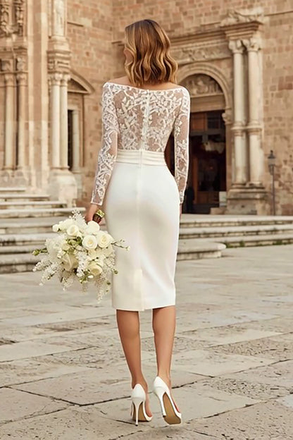 Ivory Bateau Neck Bodycon Lace Midi Wedding Dress with Sleeves