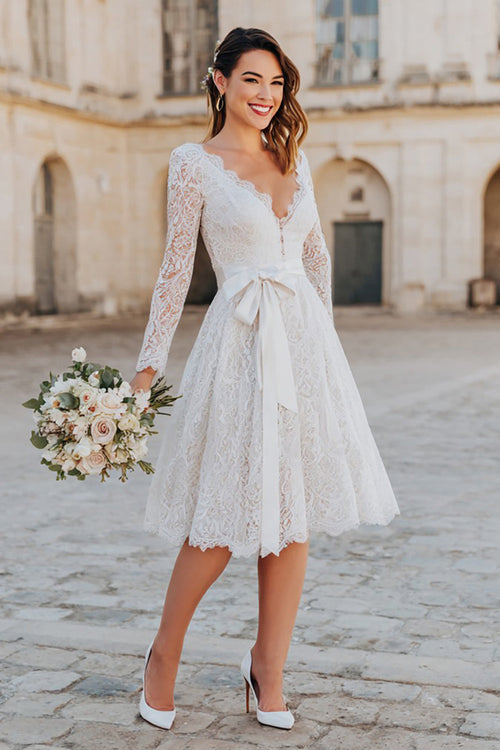 Ivory Lace A Line Midi Boho Wedding Dress with Sleeves