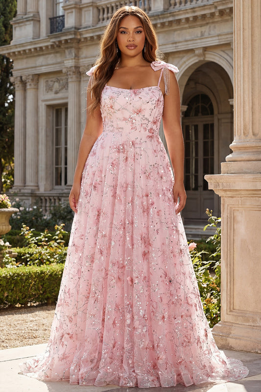 Sparkly Pink Plus Size Floral Spaghetti Straps Sequin Long Prom Dress with Bows
