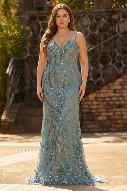 Sparkly Grey Blue Plus Size Beaded Mermaid Long Prom Dress