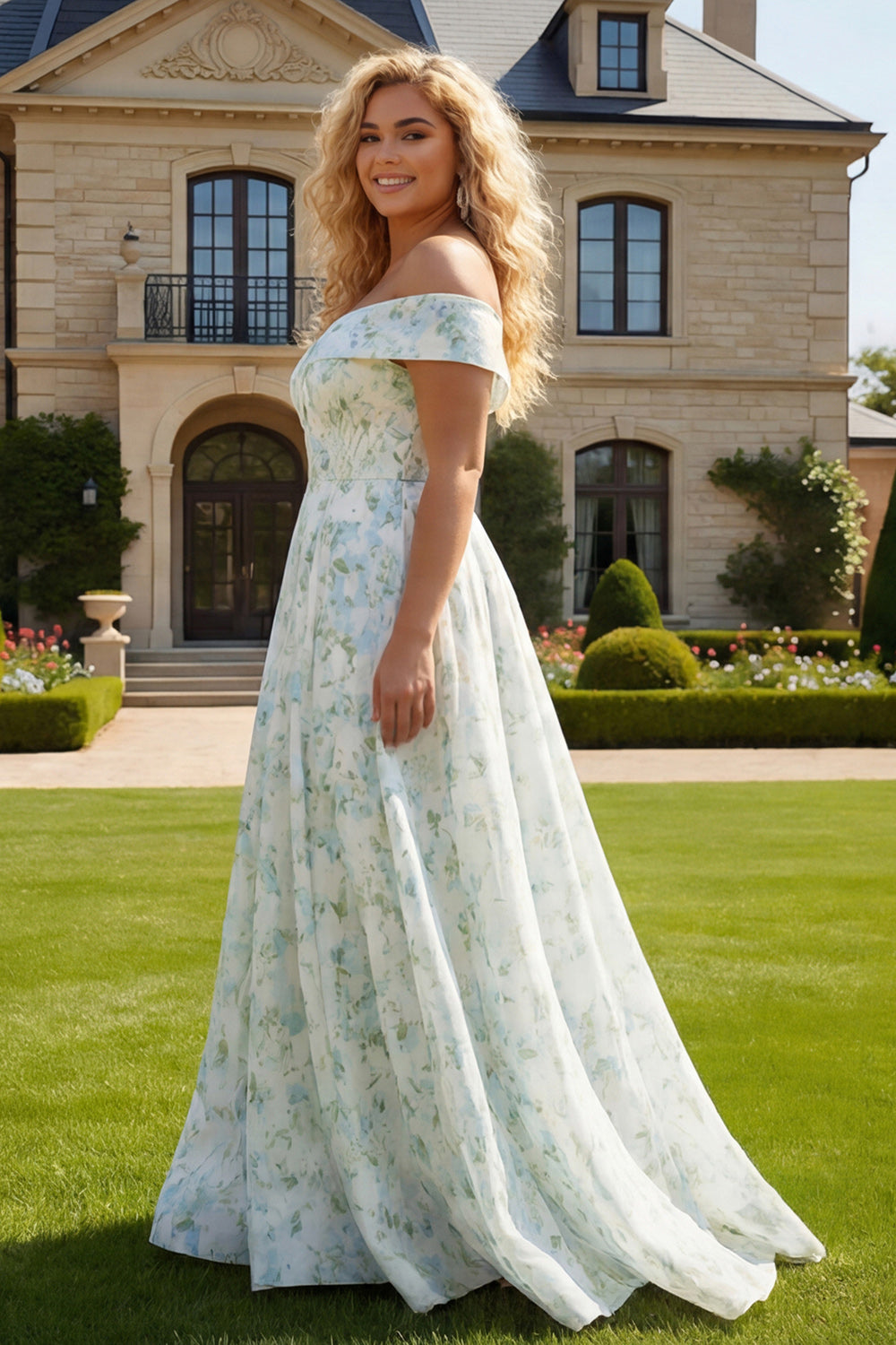 Plus Size Blue and White Flower Long Prom Dress with Slit