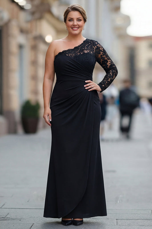 Plus Size Black One Shoulder Mermaid Long Sleeves Mother of the Bride Dress with Lace