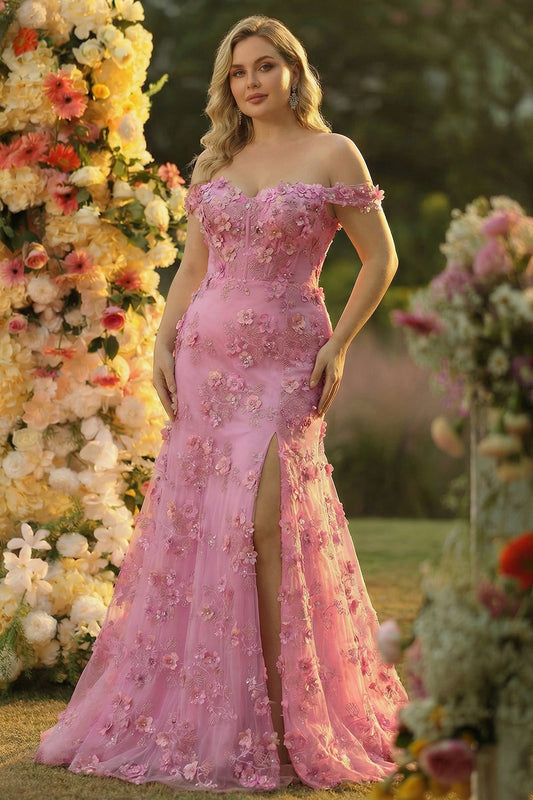 Plus Size Taro Floral Mermaid Off the Shoulder Long Corset Prom Dress with Slit
