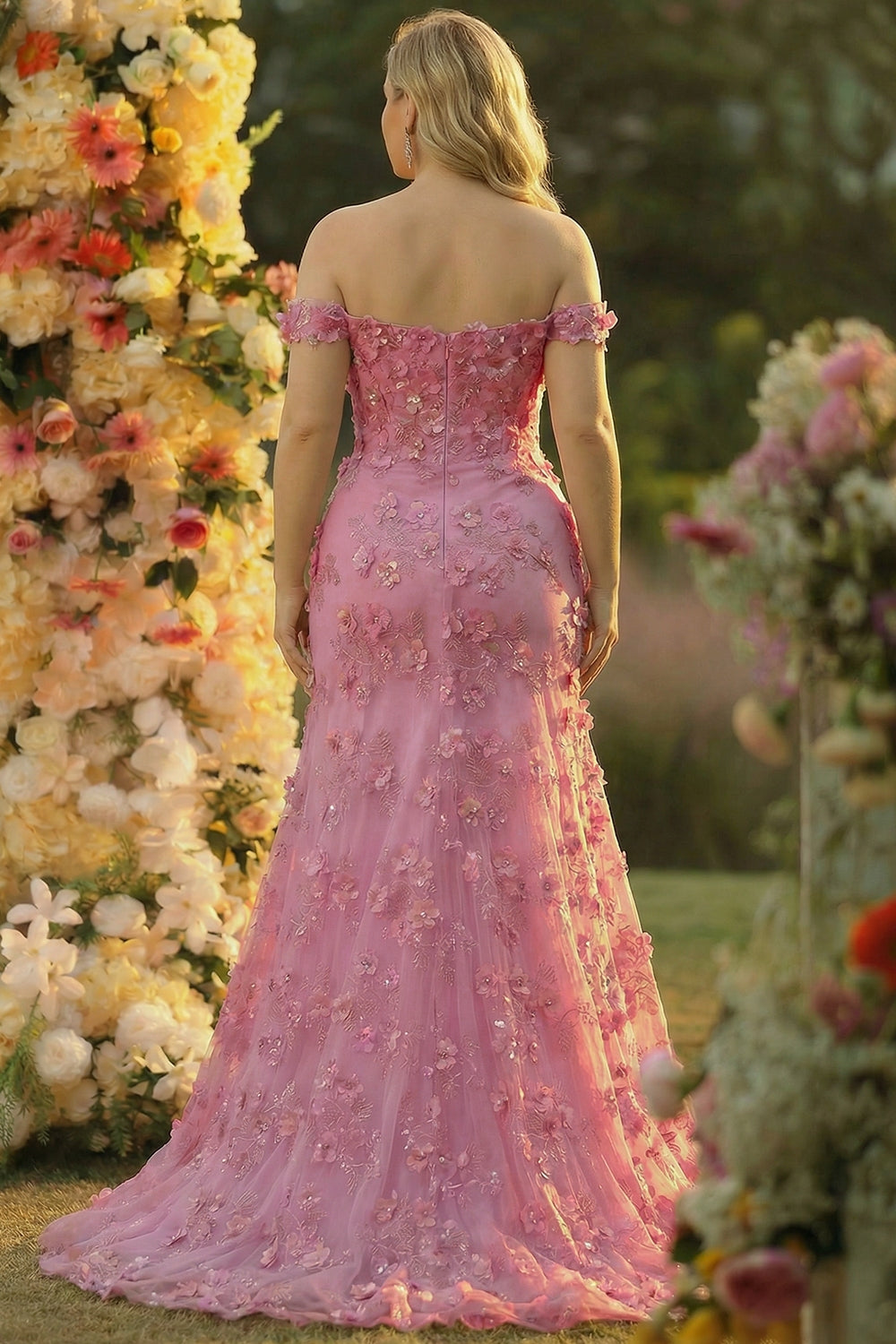 Plus Size Taro Floral Mermaid Off the Shoulder Long Corset Prom Dress with Slit