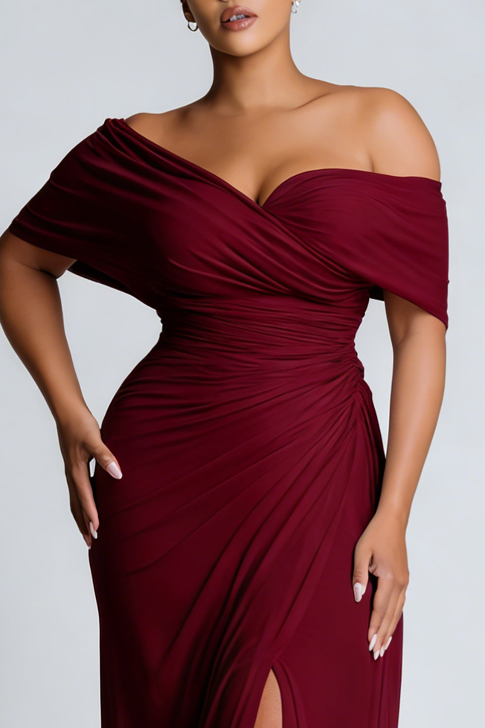 Burgundy Sheath Plus Size Off the Shoulder Long Formal Dress with Slit
