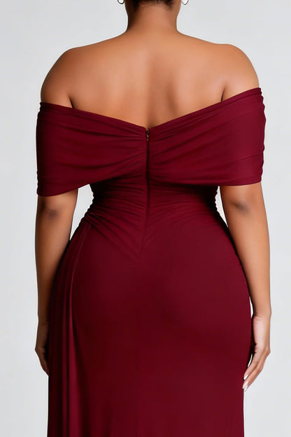 Burgundy Sheath Plus Size Off the Shoulder Long Formal Dress with Slit