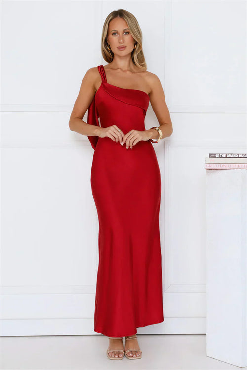 Romantic Tales Satin One Shoulder Maxi Dress