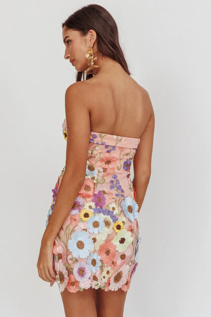 Flora Day Strapless Floral Embellished Mini Dress Pale Pink