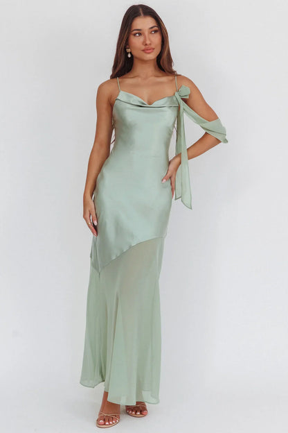 Gilded Dream Shoulder Detail Chiffon Hem Maxi Dress Sage