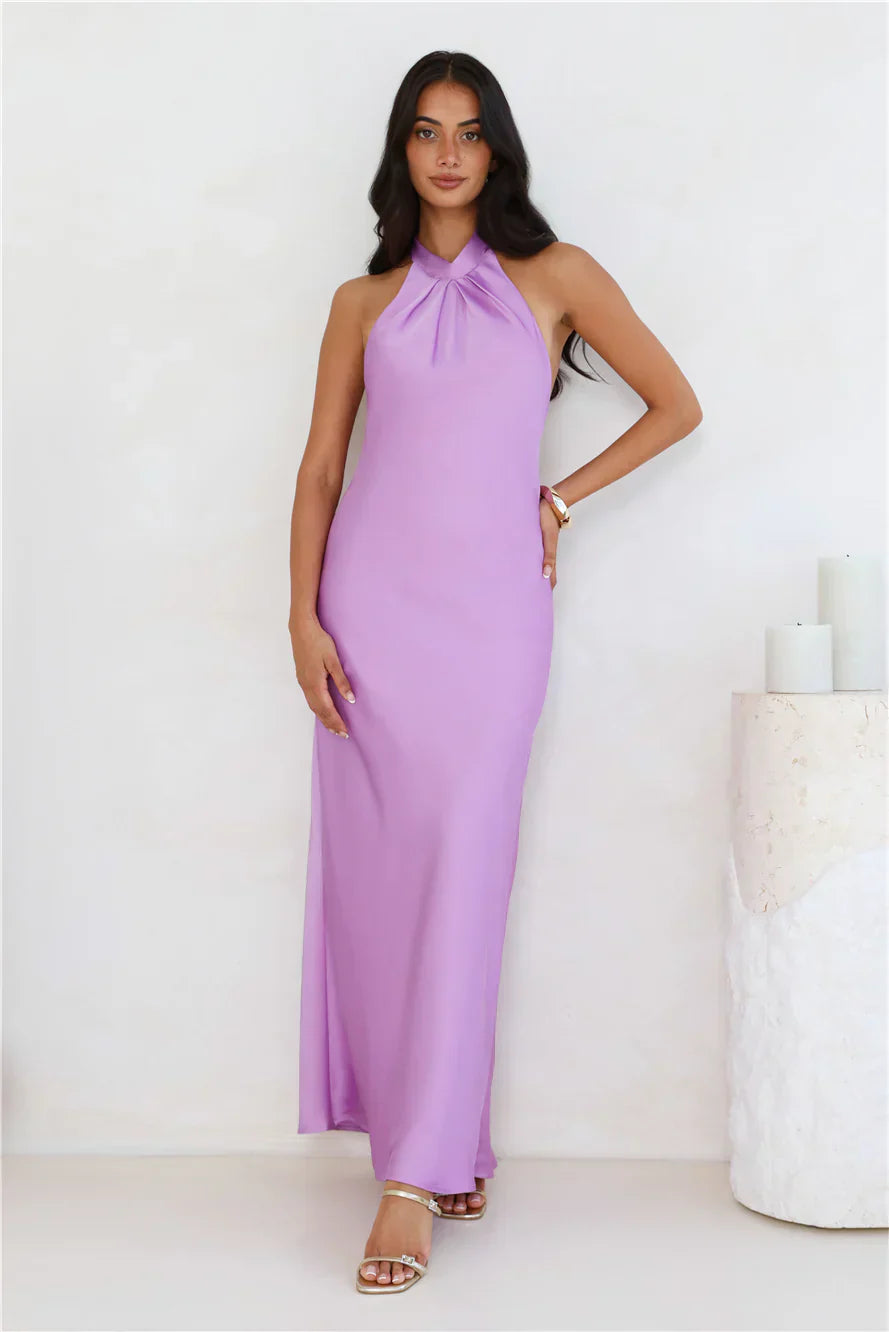 Delicate Dazzle Halter Satin Maxi Dress