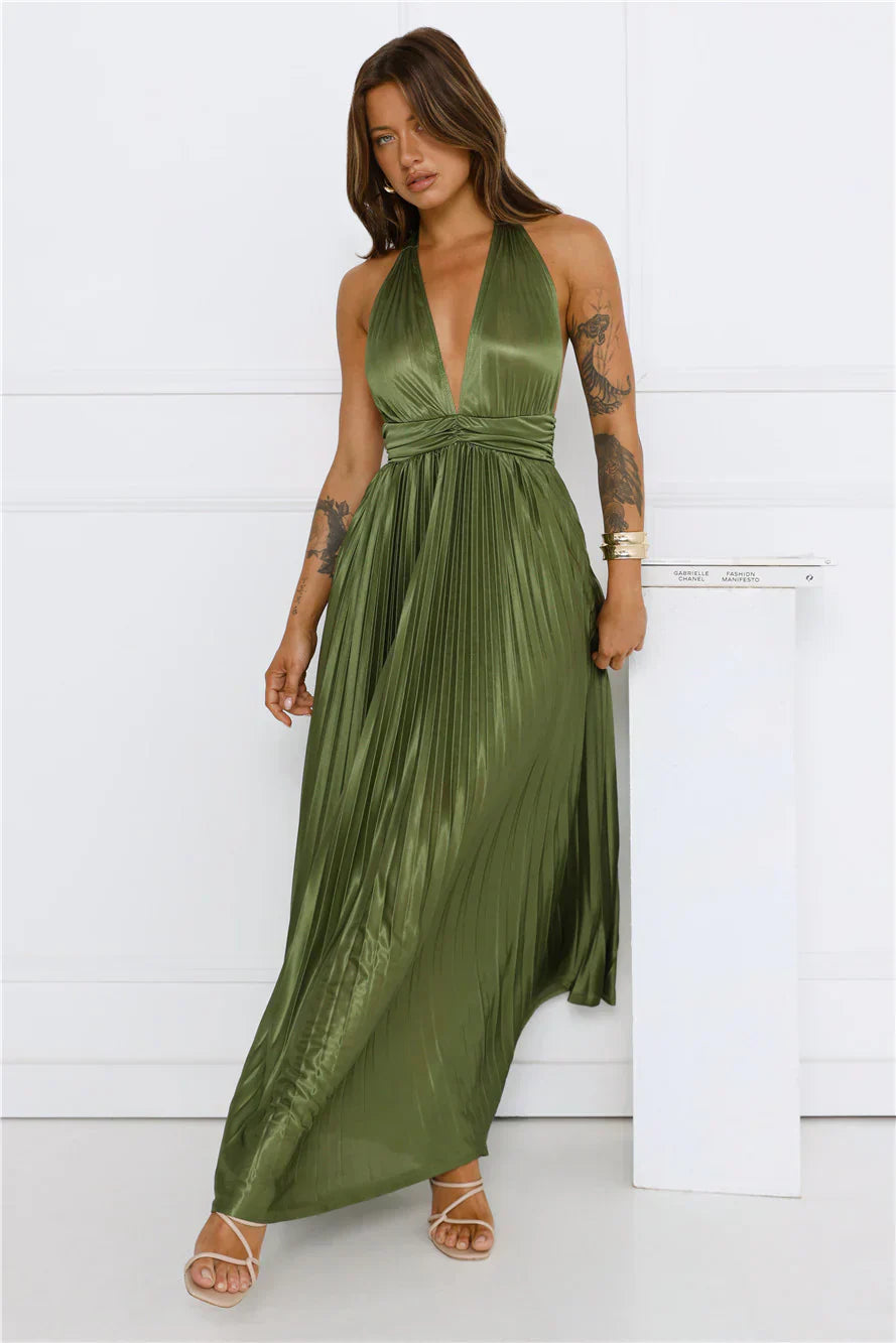 Shimmering Sea Pleated Halter Maxi Dress