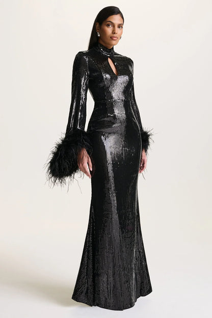 Cosmic Star | Black Sequin High-Neck Maxi Dress With Feather Cuffs