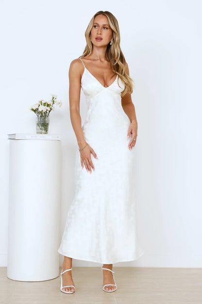Floral Kiss Satin Maxi Dress Beige