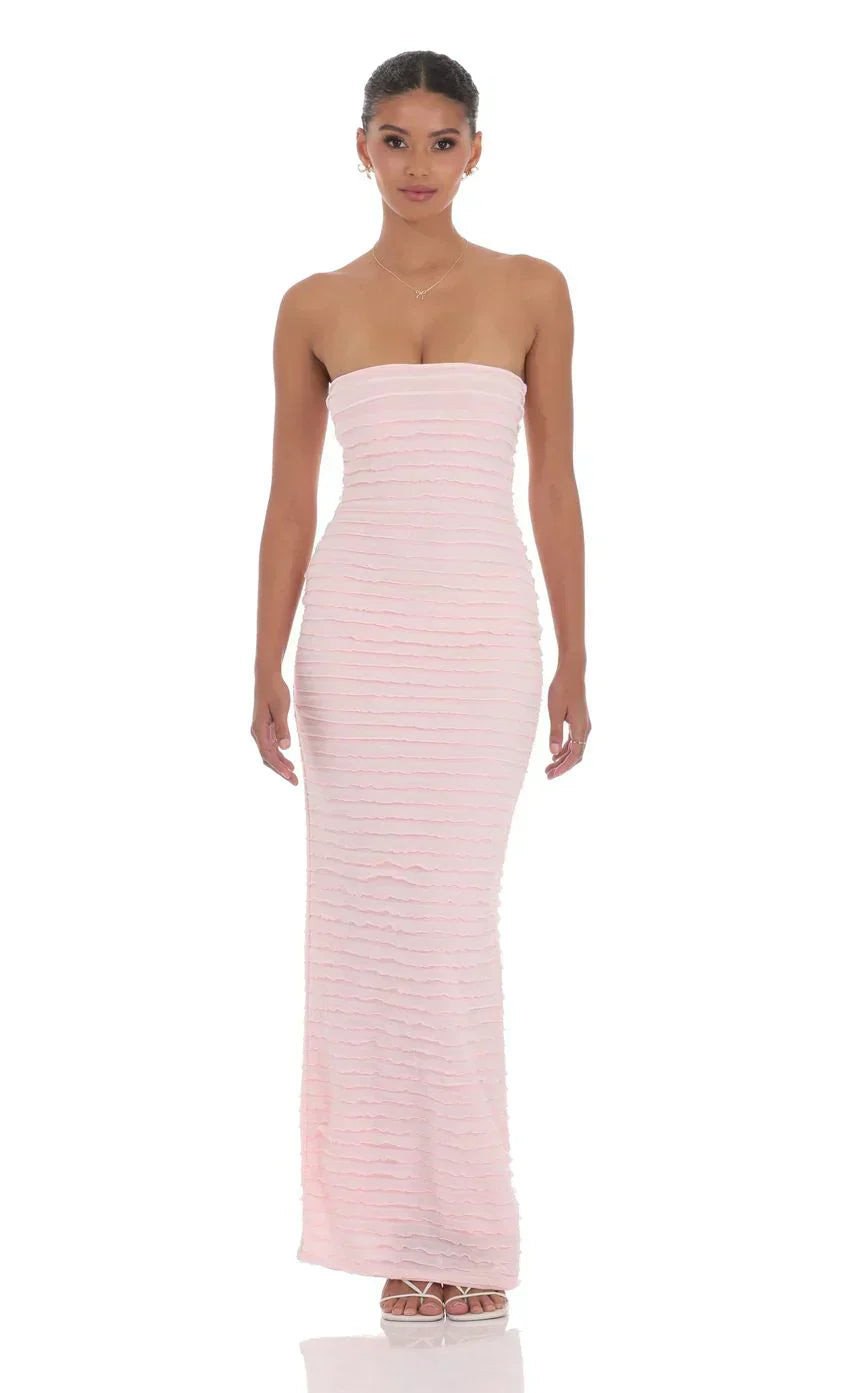 Strapless Ruffle Maxi Dress in Pink