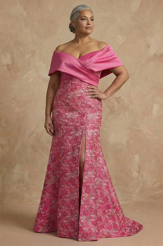 Floral Fuchsia Plus Size Off the Shoulder Mermaid Long Mother of the Bride Dress with Slit