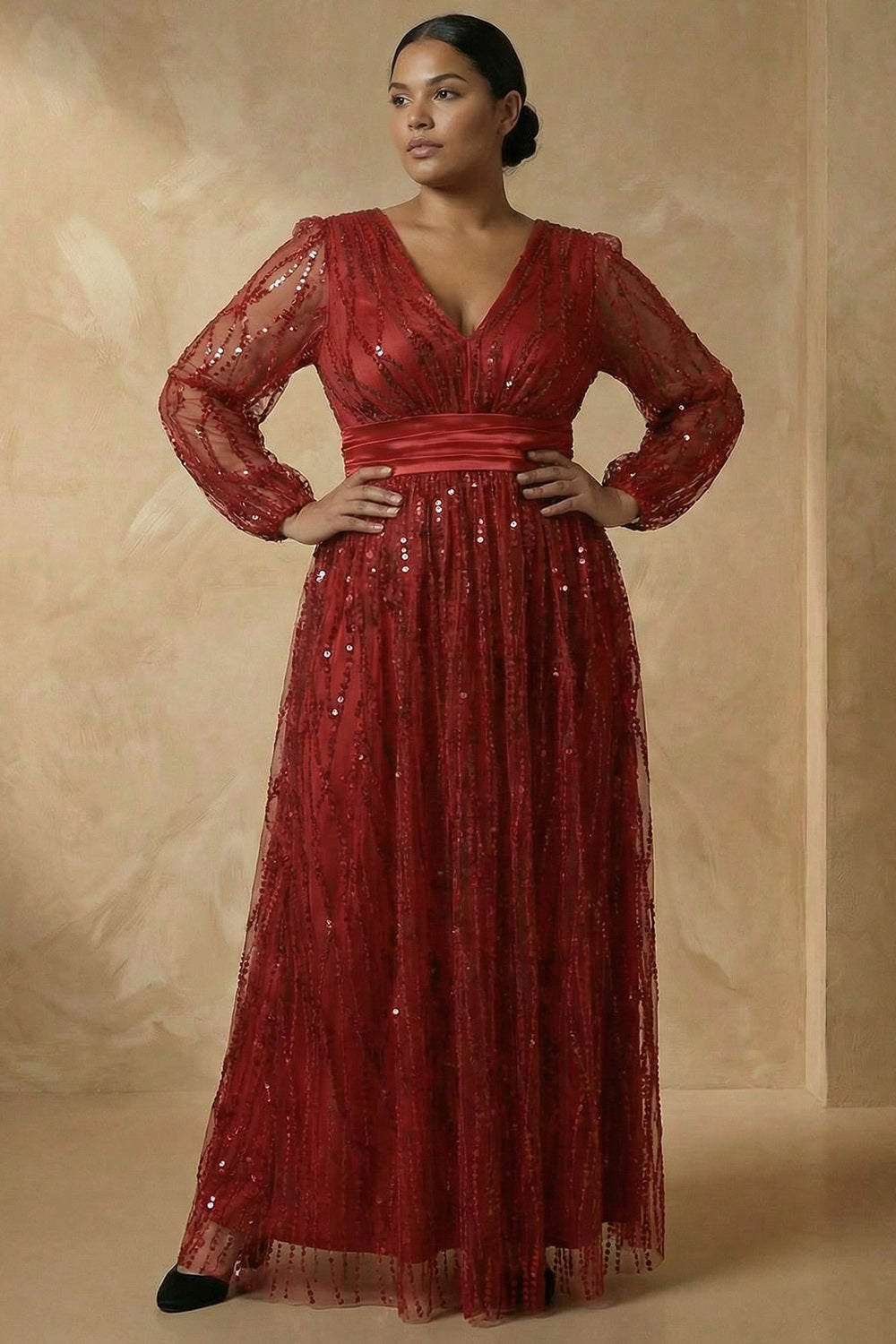 Sparkly Burgundy Plus Size V Neck Sequin A Line Long Mother of the Bride Dress