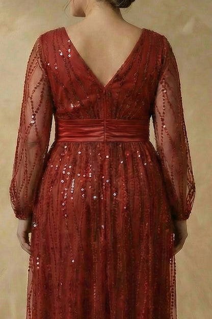 Sparkly Burgundy Plus Size V Neck Sequin A Line Long Mother of the Bride Dress