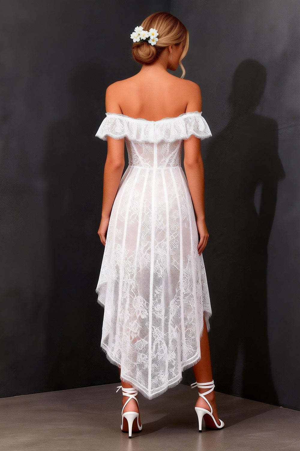 White Off the Shoulder A Line High-Low Corset Boho Wedding Dress