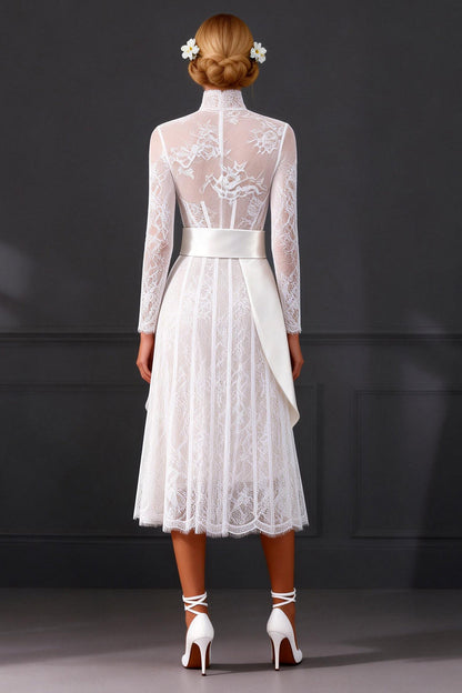 White Long Sleeves A Line High Neck Corset Boho Wedding Dress with Side Cape