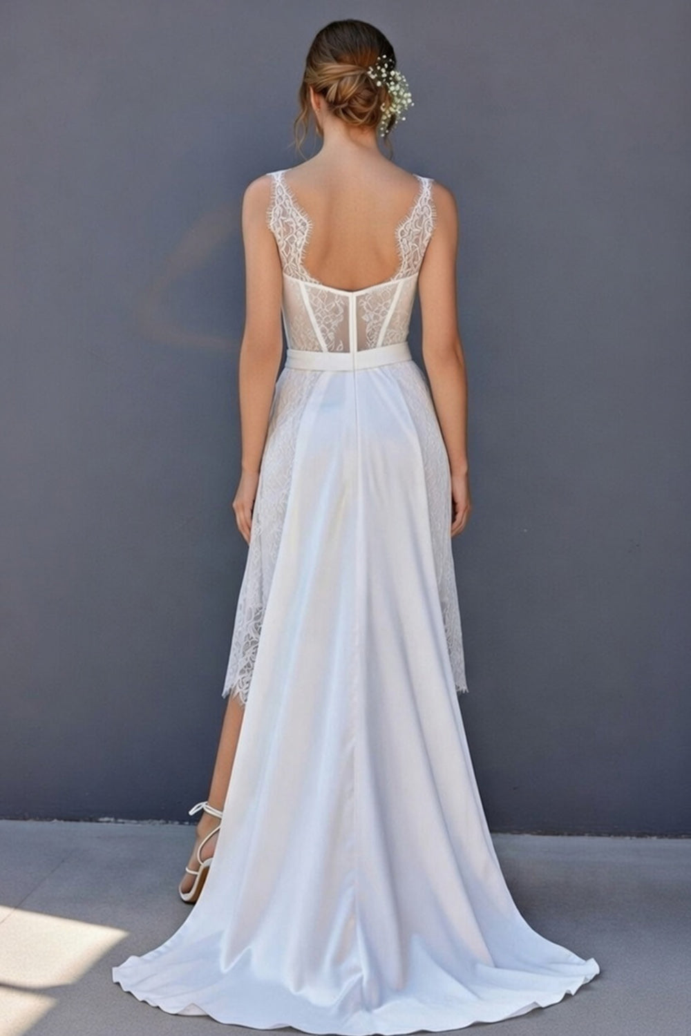 White Corset Boat Neck High Low A Line Boho Wedding Dress with Cape