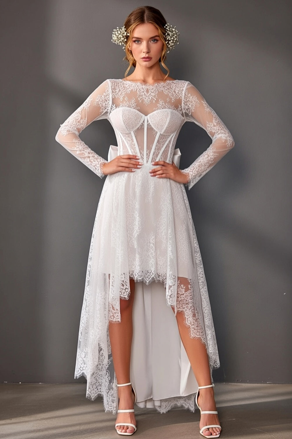 White High-Low Boat Neck Long Sleeves Corset A Line Boho Wedding Dress