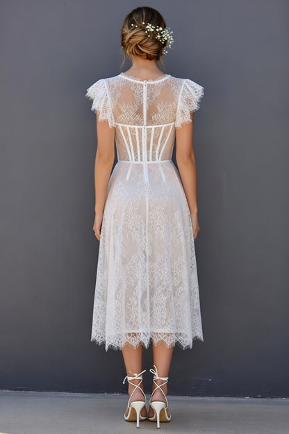 White Round Neck A Line Corset Maxi Boho Wedding Dress with Ruffles