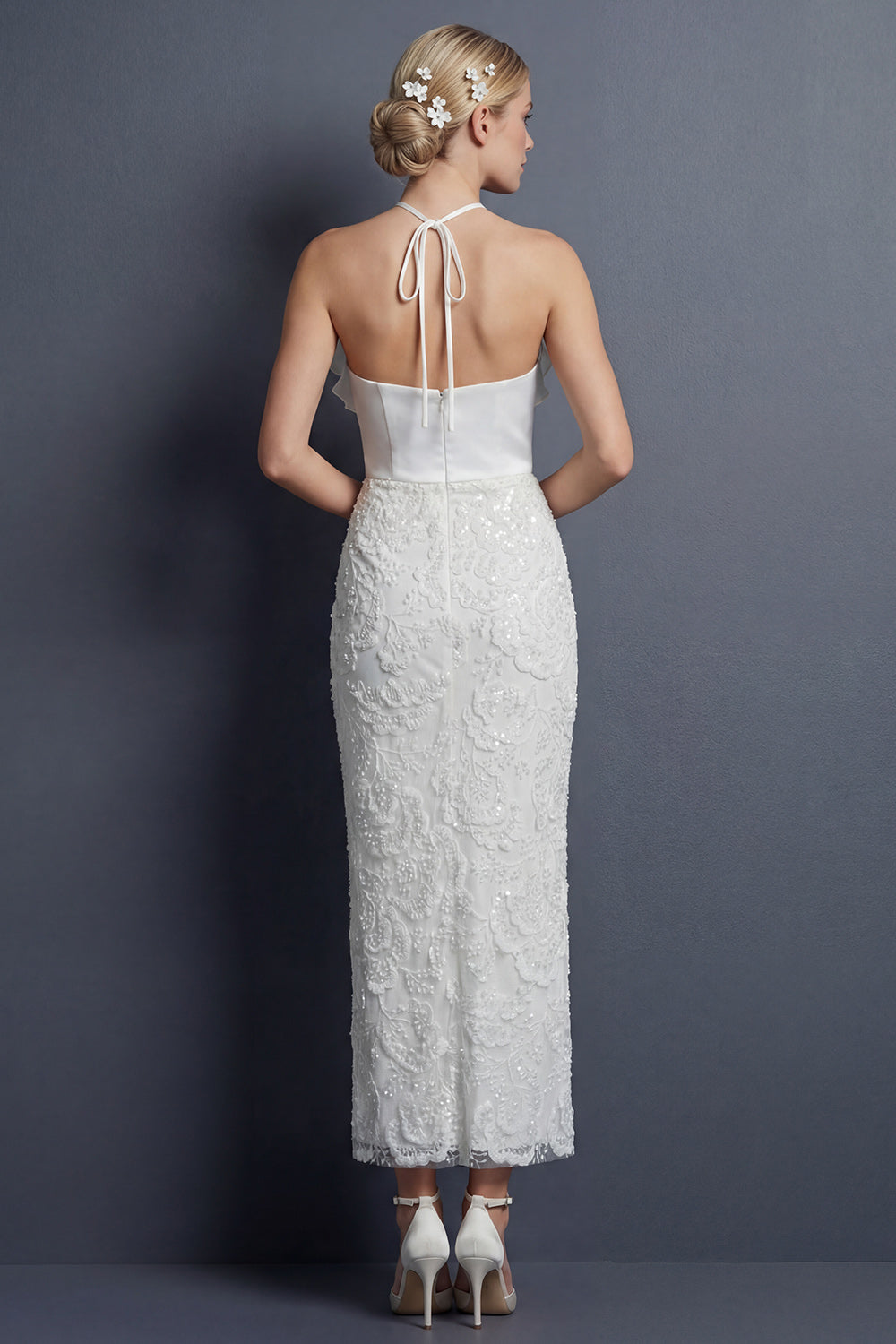 Sparkly White Halter Maxi Mermaid Appliqued Ruffled Boho Wedding Dress