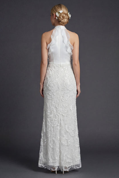 Sparkly White Halter Sheath Appliqued Ruffled Boho Wedding Dress