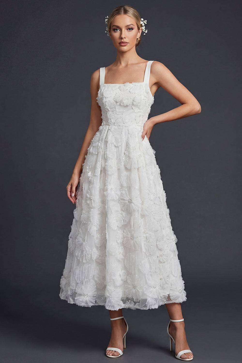 Sparkly White Maxi Beaded Floral Boho Wedding Dress with Beading