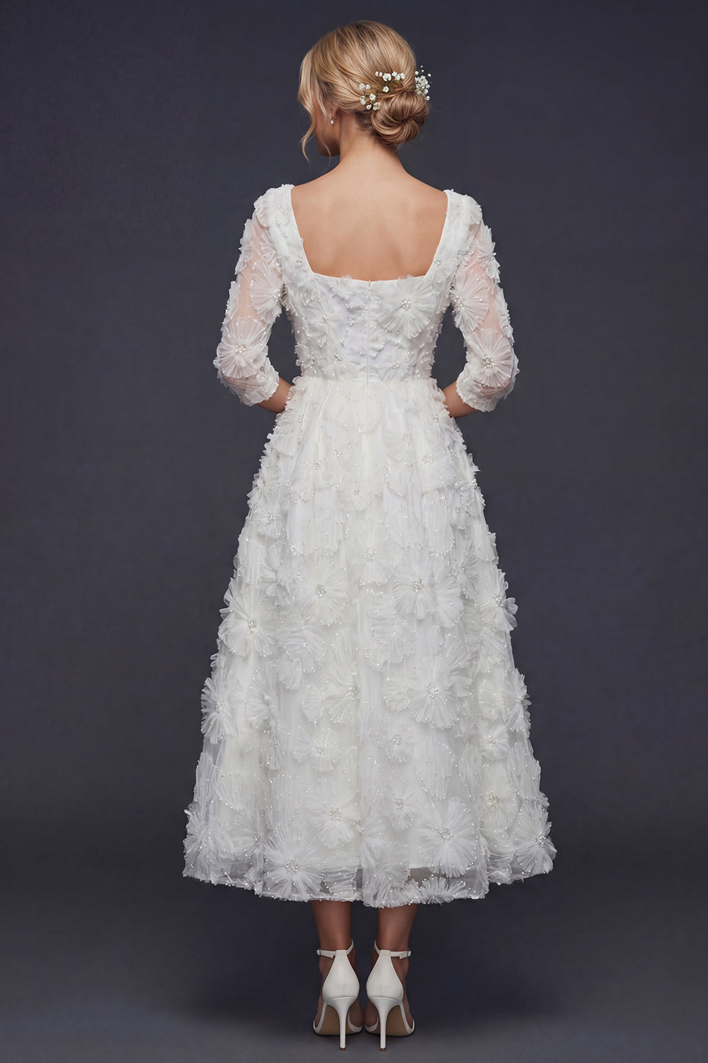 Sparkly White Beaded Square Neck Floral Maxi Boho Wedding Dress