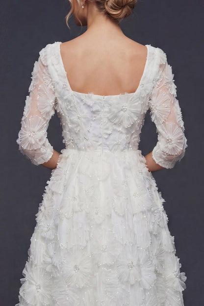 Sparkly White Beaded Square Neck Floral Maxi Boho Wedding Dress