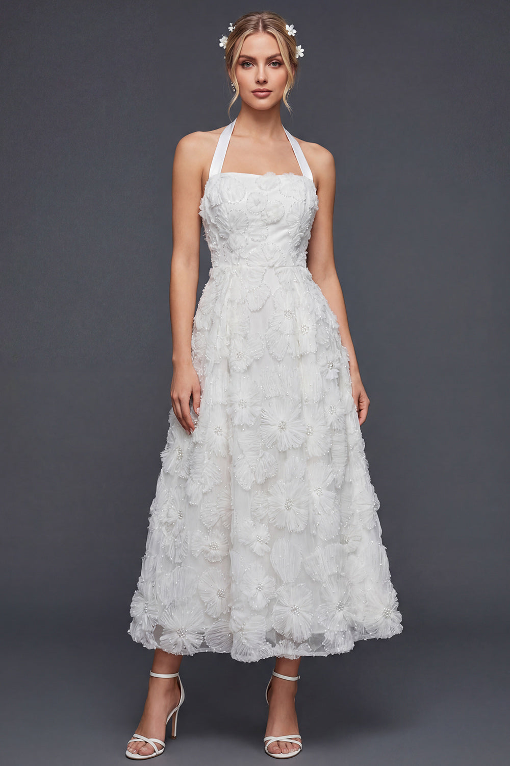 White A Line Halter Maxi Floral Boho Wedding Dress
