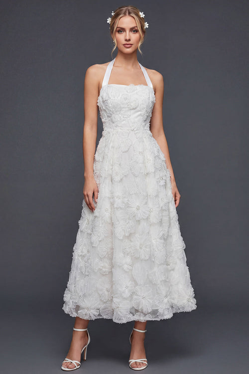 White A Line Halter Maxi Floral Boho Wedding Dress