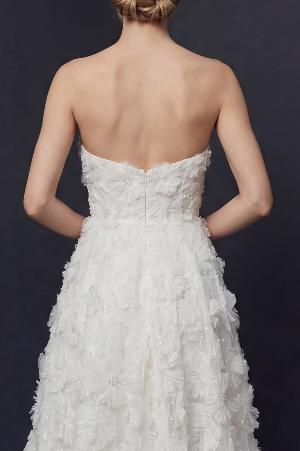 White A Line Strapless High-Low Floral Boho Wedding Dress
