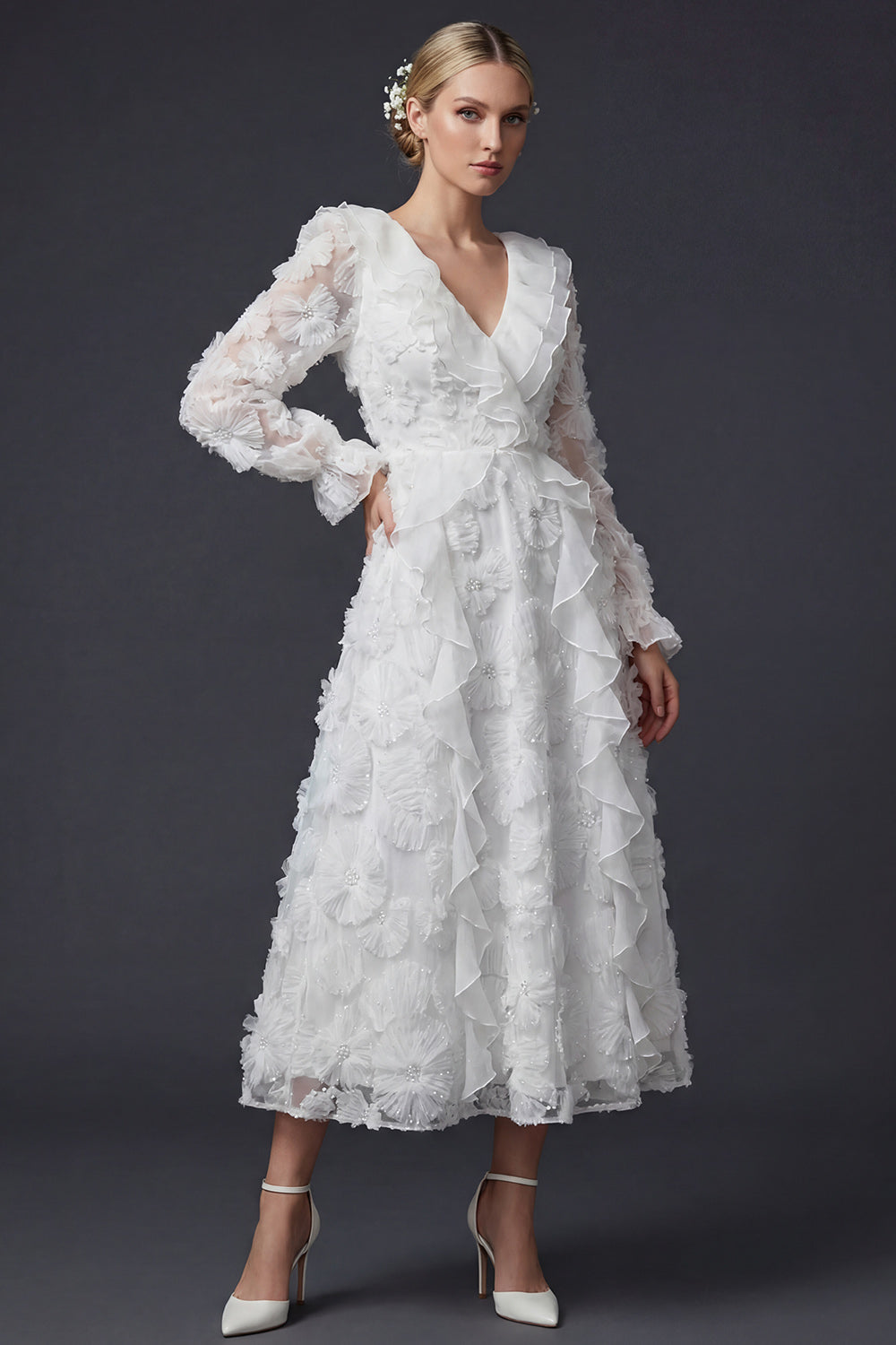 Sparkly White Beaded Ruffled Maxi Floral Boho Wedding Dress with Sleeves