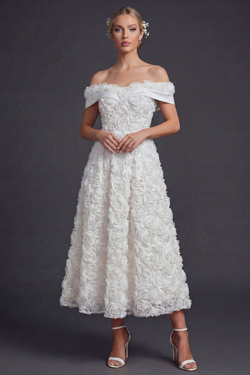 White A Line Off the Shoulder Maxi Boho Wedding Dress with 3D Flowers