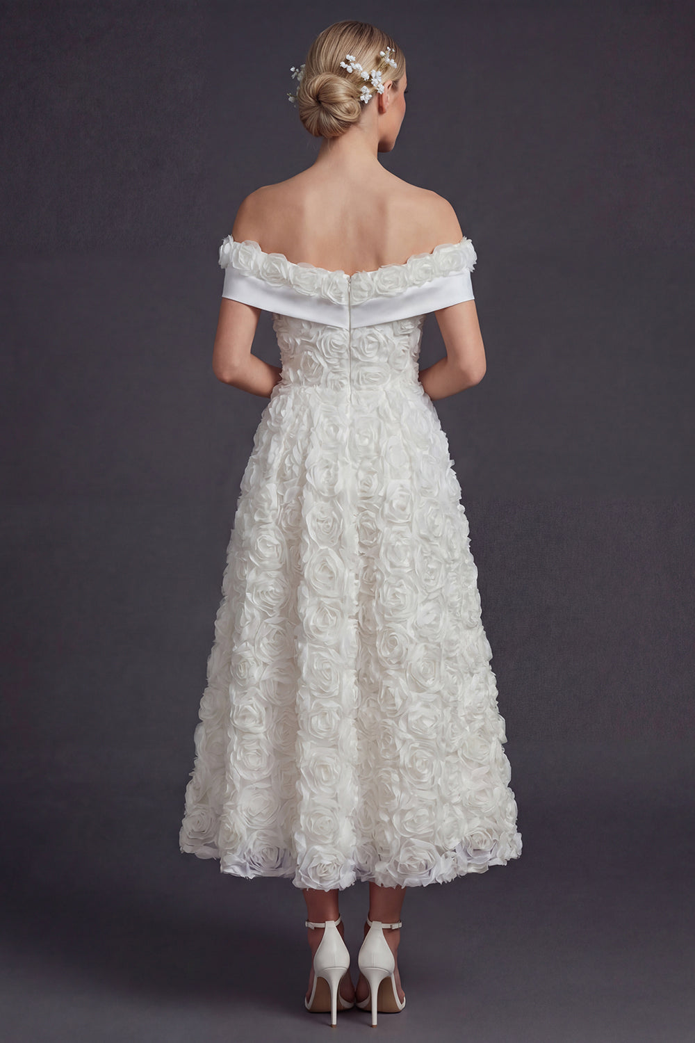 White A Line Off the Shoulder Maxi Boho Wedding Dress with 3D Flowers