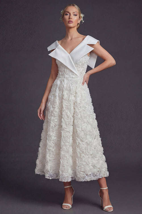 White V-Neck Maxi A Line Boho Wedding Dress with 3D Flowers